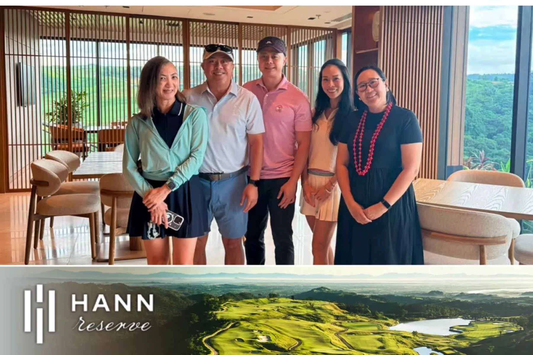 Five guests in golf dress in a clubhouse over a green valley, above a panorama of the course